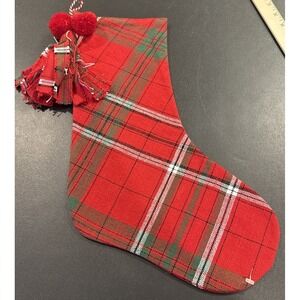 Tag Sleigh Ride Plaid Pom Pom‎ Tassel Holiday Christmas Stocking 17 Inch NEW